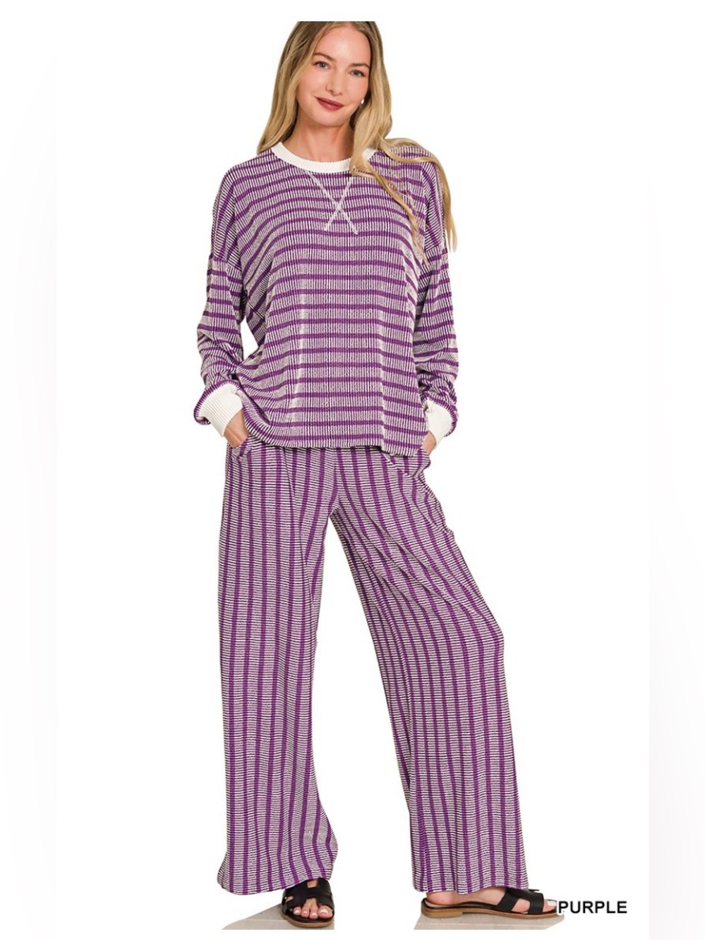 Zenana Outfitters Purple & White Striped Women's Pajama Set